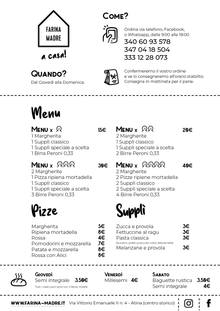 menu pizzeria Farina Madre di Atina